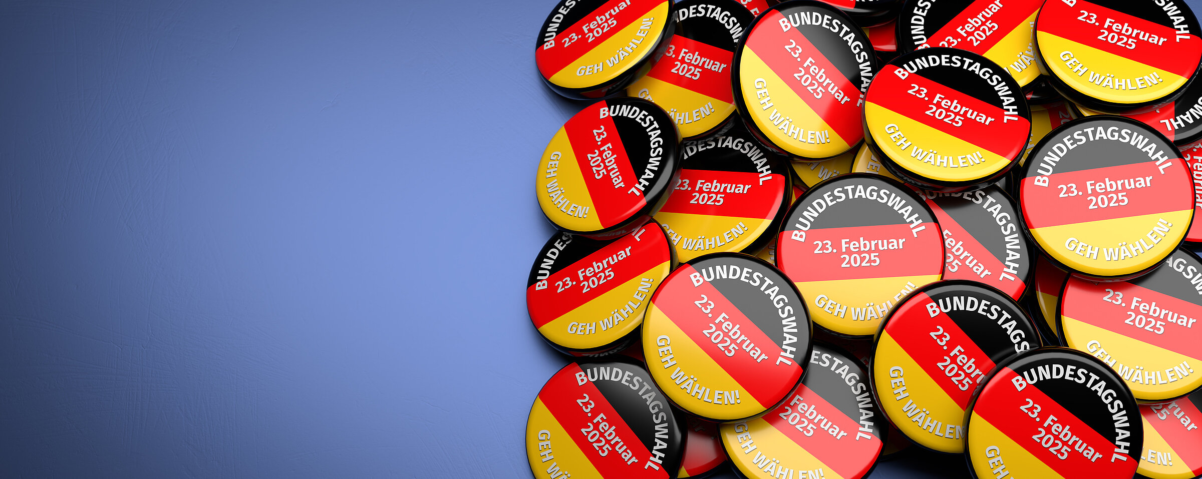 Buttons with the German flag and the text "Bundestagswahl - Geh wählen" (Federal Elections - please vote). The date 23. Feb 2025 in the center