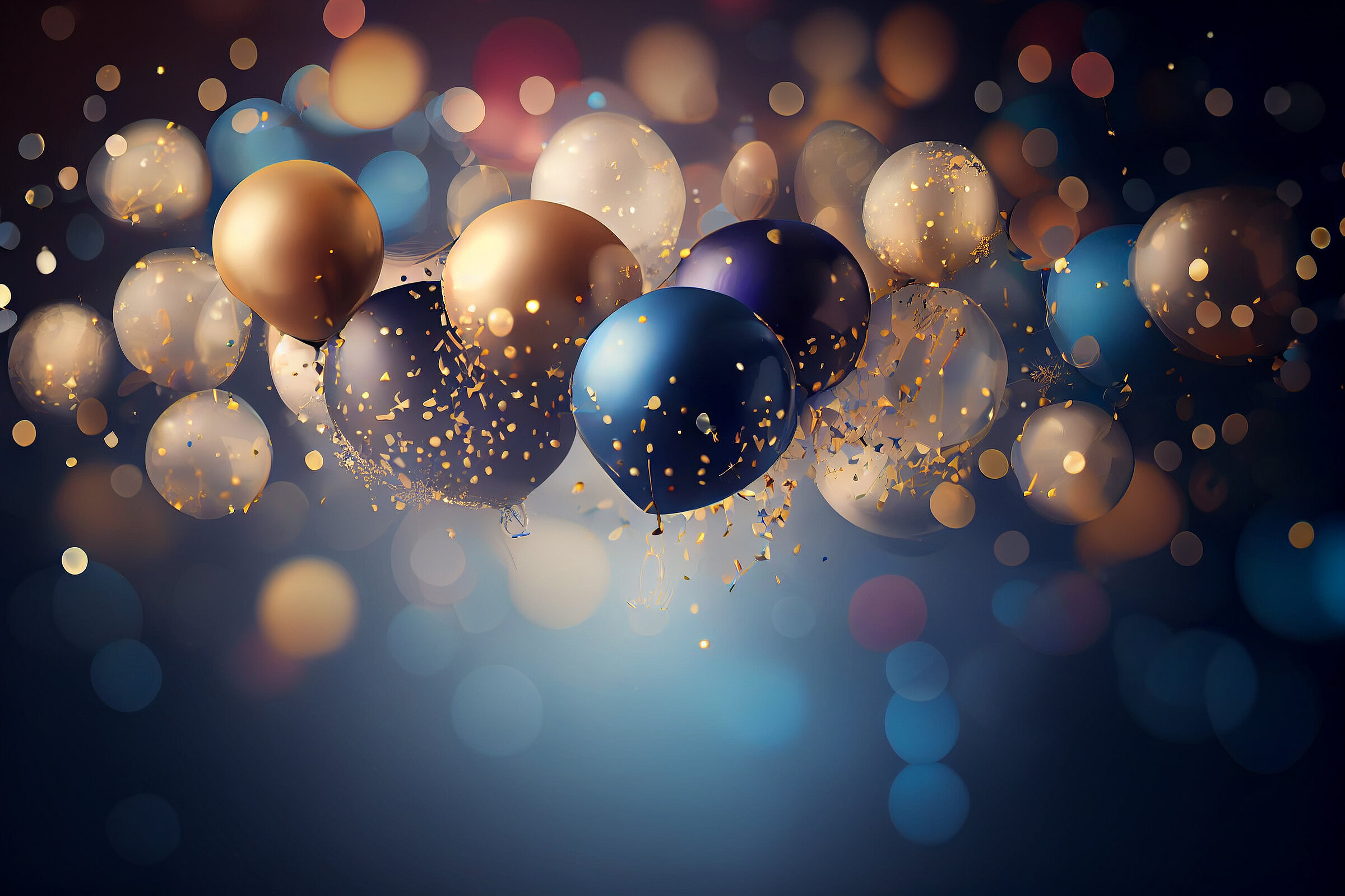 Festlicher Hintergrund mit Luftballons und Konfetti mit unscharfen Hintergrund und Bokeh Lichter - Generative Ai